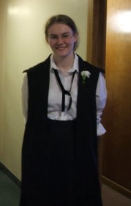 I don’t actually have a photo from my matriculation as I wasn’t using facebook back then! This is the same garb, but with the addition of a carnation to mark the first day of my (first year) exams.